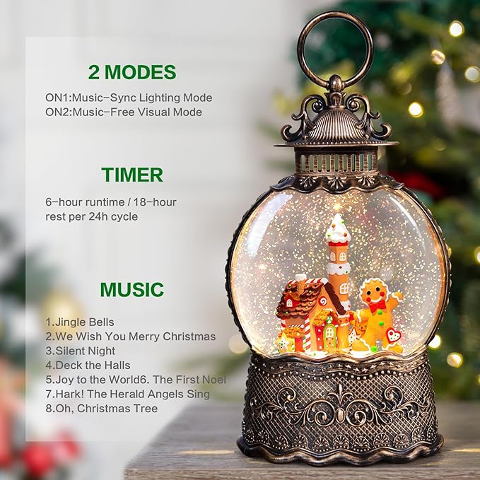 Christmas Snow Globes Lantern, Gingerbread Man Musical Snow Globes with Swirling Glitter Effects, USB/Battery Powered with 6-Hour Timer, Christmas Decorations