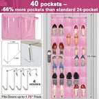 Over the Door Shoe Organizer with 40 Clear PVC Pockets – Waterproof Hanging Shoe Holder for Closet & Bathroom – Space-Saving Door Shoe Rack for Shoes, Toys, Toiletries & Snacks(Pink)