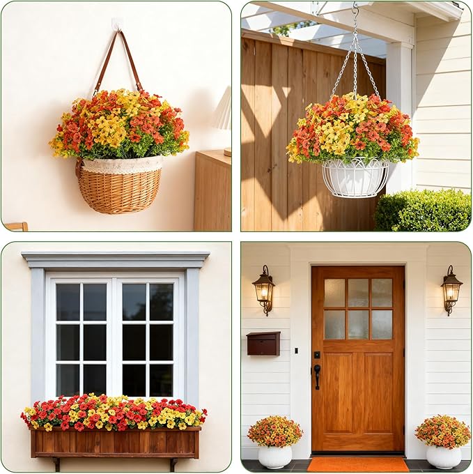 16 Bundles Artificial Fall Flowers for Outdoor Realistic Faux Flower Garden Home Decoration, Hanging Autumn Fall Decor Daisy with Eucalyptus Leaves Fake Plants Greenery Porch Patio Front Door Decors