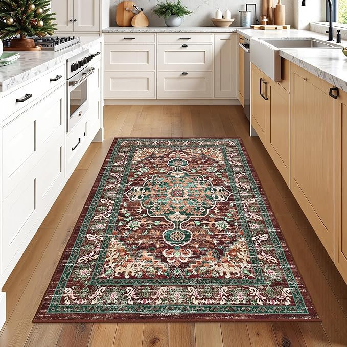 U'Artlines Boho Vintage Area Rug 3x5 Machine Washable Low Pile Ultra-Thin Soft Floor Carpet Non Slip Non Shedding Accent Rug for Living Room Bedroom Entryway Dining Room Office Rust＆Teal
