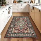 U'Artlines Boho Vintage Area Rug 3x5 Machine Washable Low Pile Ultra-Thin Soft Floor Carpet Non Slip Non Shedding Accent Rug for Living Room Bedroom Entryway Dining Room Office Rust＆Teal