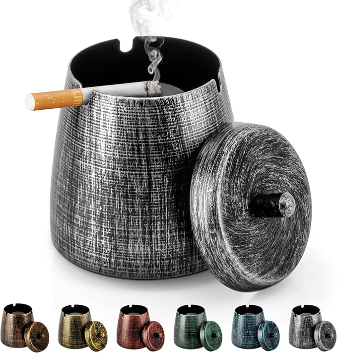 Ashtray for Cigarettes Outdoor, Outdoor Ashtray with Lid for Cigarette, Metal Odorless Windproof Smokeless Ash Tray for Patio Home Office Tabletop Balcony