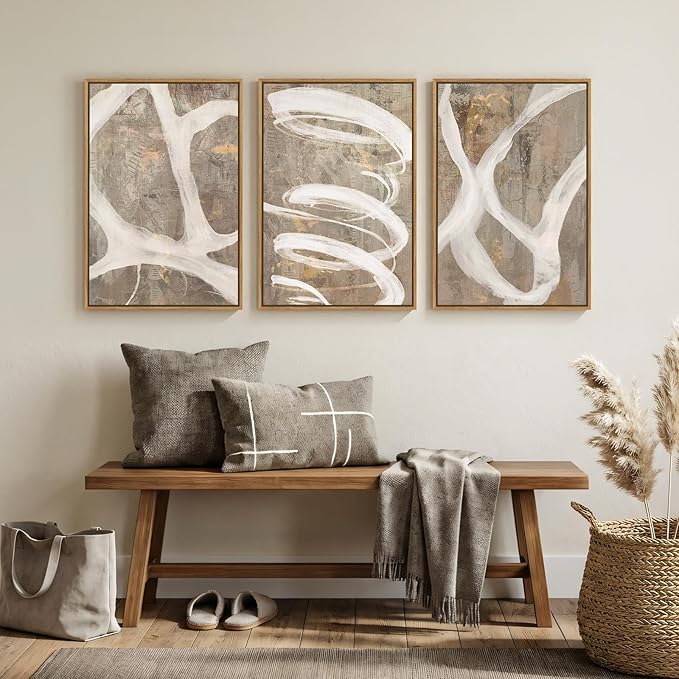 Framed Neutral Abstract Wall Art for Bedroom, 3 Piece Modern Canvas Prints Paintings Artwork for Walls, Minimalist Beige White Taupe Pictures for Living Room Dining Hallway Office Wall Decor 16x24 In