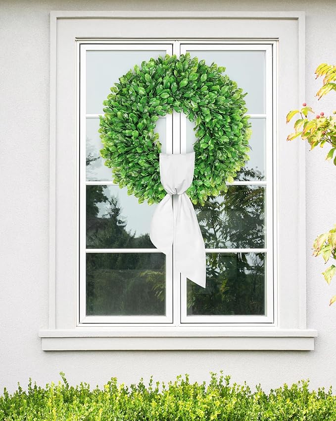 Vlorart 24 Inch Faux Round Boxwood Wreath, Weatherproof Front Door Large Wreaths Artificial Spring Summer Greenery Wreath with Sash for Farmhouse Wedding Year Round Indoor and Outdoor
