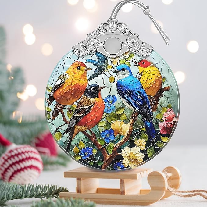 Birds on Branches Stained Glass Orament - Christmas Ornament - Christmas Decorations for Tree - Holiday Present ldeas - Gift Exchange