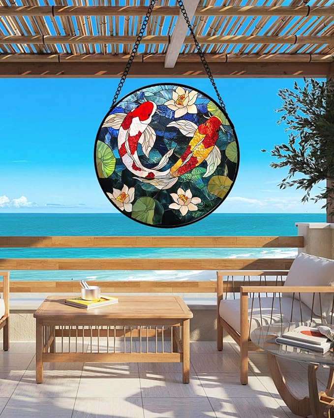 Stained Glass Window Hanging, Koi and Lotus Sun Catcher for Door Home Decor Fish Suncatcher Christmas Mother's Day Birthday Gifts for Women Men Mom and Nana 9.8 in