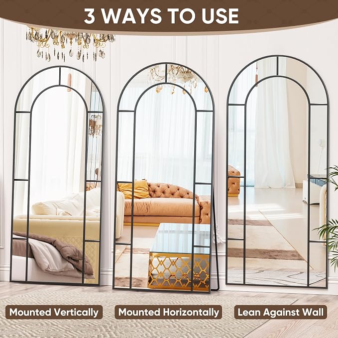 Antok 71" x 32" Full Length Mirror, Floor Mirror Arched Window Decorative Mirror, Metal Framed Decor Farmhouse Floor Mirrors Art Pane Mirrors Wall Decor for Bedroom, Living Room, Entryway Bronwn