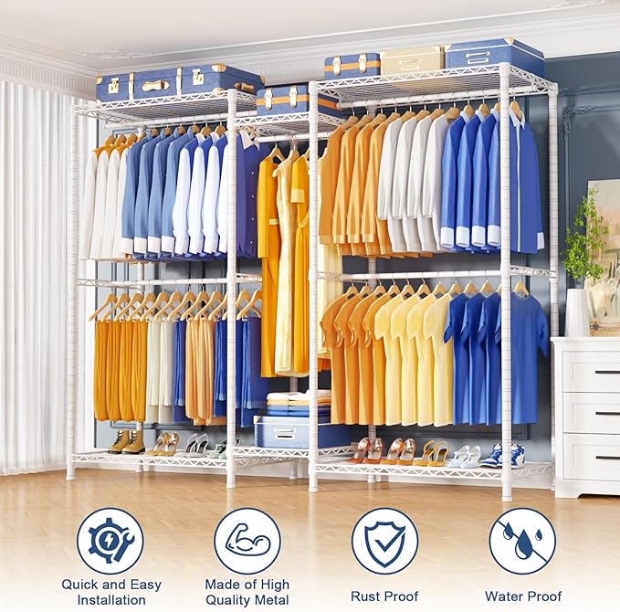 Ulif E12 Pro Clothes Rack，Heavy Duty Freestanding Garment Rack with Shelves，Metal Clothing Closet Storage System for Hanging Clothes，71" W x 16" D x 76.5" H, Hold 960 lbs，White