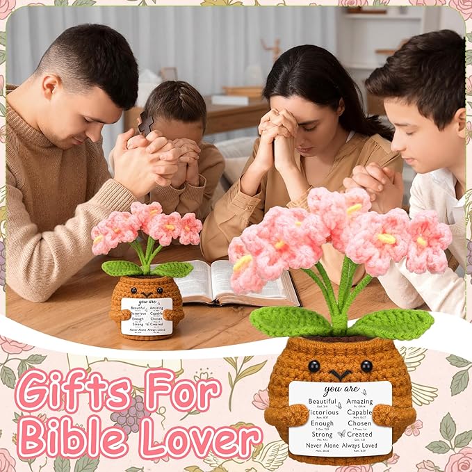 Wavwavw Christian Gift for Women Positive Handmade Crochet Doll with Bible Verse Prayer Card Inspirational Scripture Religious Crochet for Christmas Sunday Group Church(Forget Me Nots)