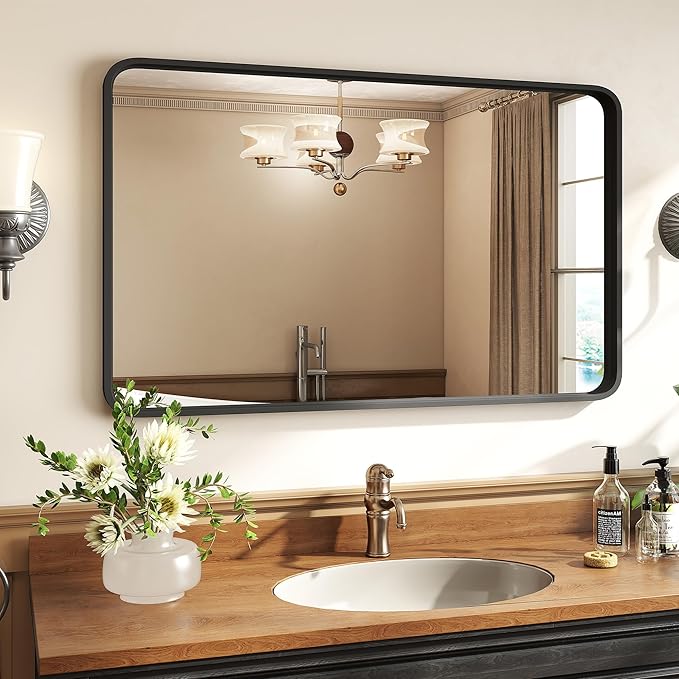Bathroom Mirror for Wall, 40x30 Inch Rectangle Mirror, Matte Black Metal Framed Bathroom Vanity Mirror for Restroom Farmhouse, Anti-Rust, Tempered Glass, Horizontally or Vertically Hanging