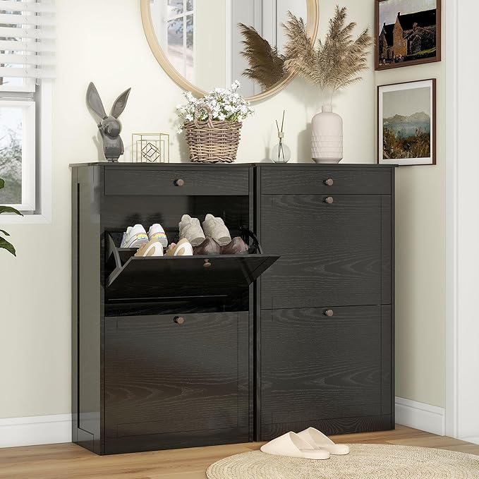 Shoe Storage Cabinet with 2 Flip Doors Set of 2, Wooden Narrow Shoe Cabinet Organizer with Drawer, Freestanding Hidden Shoe Rack with Adjustable Shelf for entryway, Hallway, Living Room, Black