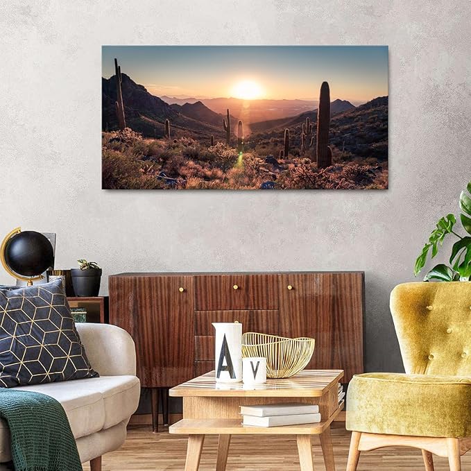 Mountain Wall Art Sunset Cactus Wall Decor Arizona Sonoran Desert Canvas Pictures Saguaro Landscape Photography Prints Western Nature Artwork for Living Room Bedroom Office Home Decoration 24x48"