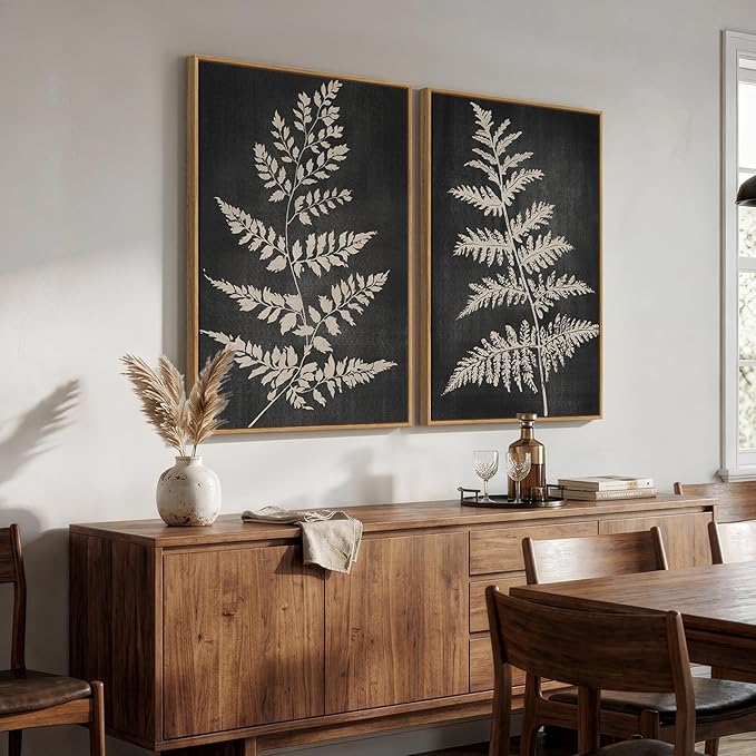 Large Framed Vintage Botanical Wall Art Set of 2, Black Neutral Retro Leaf Canvas Paintings Prints, Rustic Minimalist Modern Farmhouse Pictures for Living Room Bedroom Office Wall Decor, 24x36 Inch