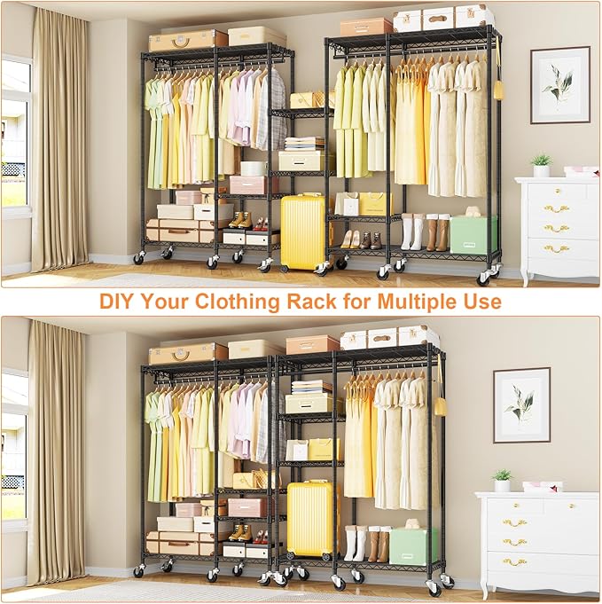 Ulif F4R Heavy Duty Clothes Rack（With Lockable Wheels ） Rolling Clothing Racks for Hanging Clothes，Adjustable Closet Organizer System，Portable Garment Rack 45"W x 15.8"D x 73.5"H，Max Load 650LBS，Black