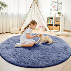 OLANLY Denim Blue Round Rugs for Bedroom - Machine Washable, 8 ft Circle Area Rugs for Living Room, Soft and Fluffy Shaggy Carpet for Teen Girl and Boys, Nursery Rooms, Dorms, Home Decor Aesthetic