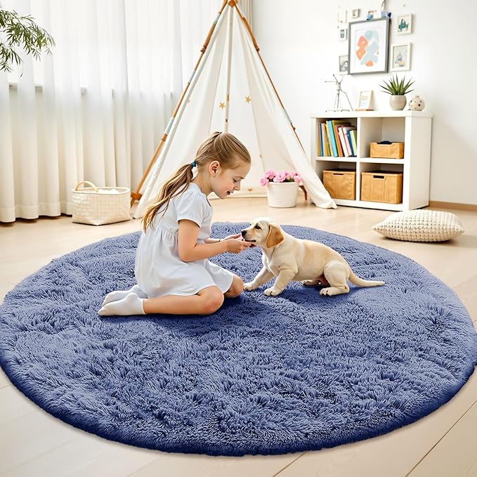 OLANLY Denim Blue Round Rugs for Bedroom - Machine Washable, 9 ft Circle Area Rugs for Living Room, Soft and Fluffy Shaggy Carpet for Teen Girl and Boys, Nursery Rooms, Dorms, Home Decor Aesthetic