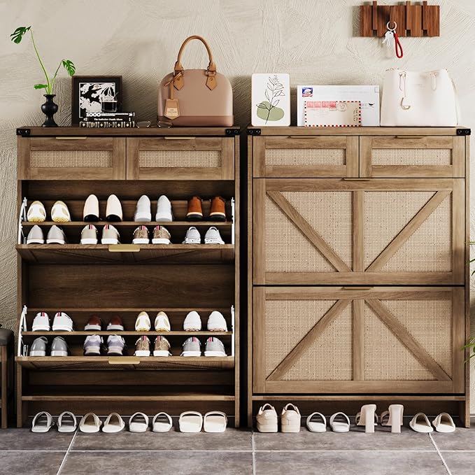 Shoe Cabinet with 2 Flip Drawers & 2 Drawers,Farmhouse Shoe Storage Cabinet for Entryway,Slim Freestanding Narrow Organizer Rack for Front Door Entrance,Rustic Oak Rattan