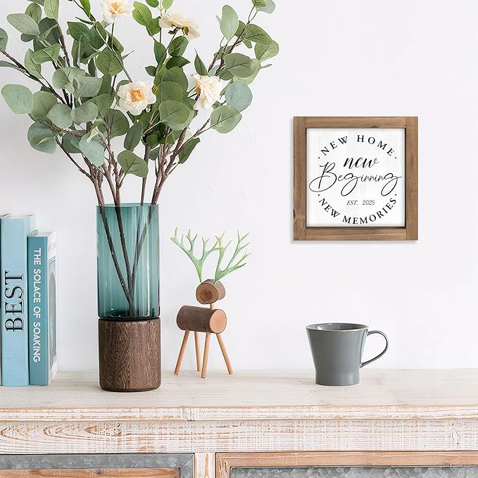 Wooden New Home Sweet Home Sign Decor, 6 Inch New Beginnings Rustic 2025 Housewarming Gifts for Family Homeowner, Indoor Table Tiered Tray Wall Art Shelf Desk Bedroom Farmhouse Decorations