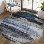 Ciicool 4ft Round Washable Rug, Modern Abstract Circle Rugs, Non-Slip Thin Low-Pile Rug Navy Grey Circular Print Distressed Carpet for Bedroom Living Room Under Dining Table Home Office Decor