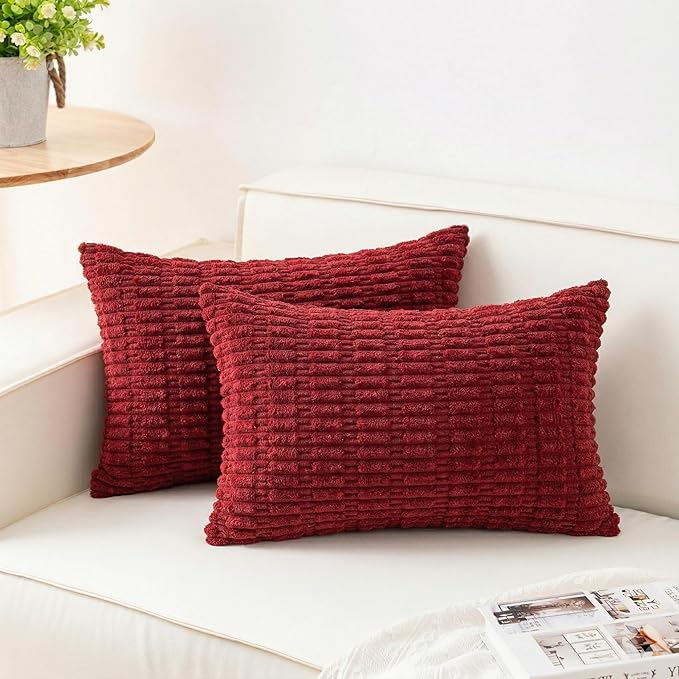 Aegero Pack of 2 Corduroy Decorative Throw Pillow Covers 12x24 Inch Soft Striped Pillow Covers Modern Farmhouse Home Decor for Sofa Living Room Couch Bed（Wine Red）