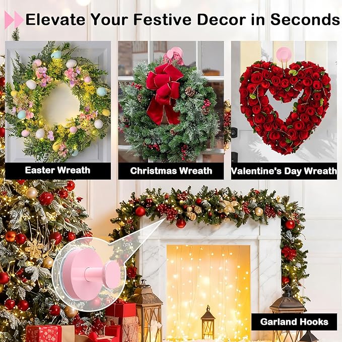 Pink Wreath Hangers for Front Door, 22LB Suction Cup Wearth Hooks for Easter Christmas Decorations, Reusable Wreath Door Hanger for Glass Window Indoor Outdoor, Strong Garland Hangers for Door Frame