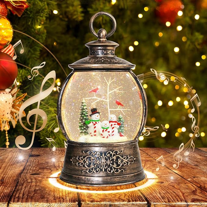 Christmas Cardinal Snow Globe 12.5In High, Snowman Musical Snow Globe Lantern Lights with 6 Hour Timer and Batteries Powered, Retro Style Holiday Glitter Globe for Xmas Home Decoration and Santa Gifts
