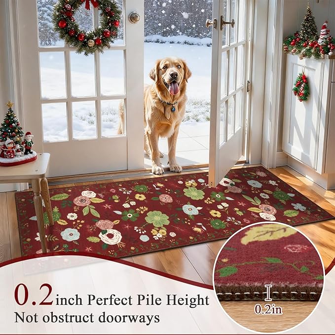 U'Artlines 2'x6' Red Christmas Runner Rug for Hallways Kitchen,Colorful Floral Soft Non Slip Washable Floor Carpet Runners for Entryway Laundry Room Bathroom (Red)