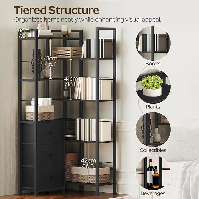 YATINEY Corner Bookshelf, 7 Tier L-Shaped Bookcase with 3 Drawers, Storage Corner Shelf, Freestanding Tall Display Shelf, Industrial Style, for Living Room, Home Office, Black SJ10BB