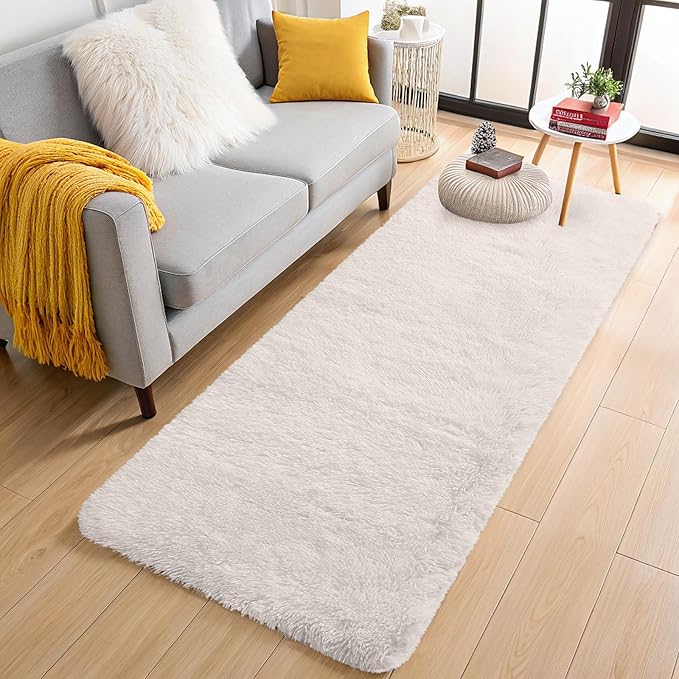 OLANLY 3x8 Machine Washable Runner Rugs for Hallway, Soft Fluffy Shaggy Bedside Rugs for Bedroom, Living Room, Indoor Floor Carpet for Kids Girls and Boys, Nursery Rooms, Home Decor Aesthetic, Ivory