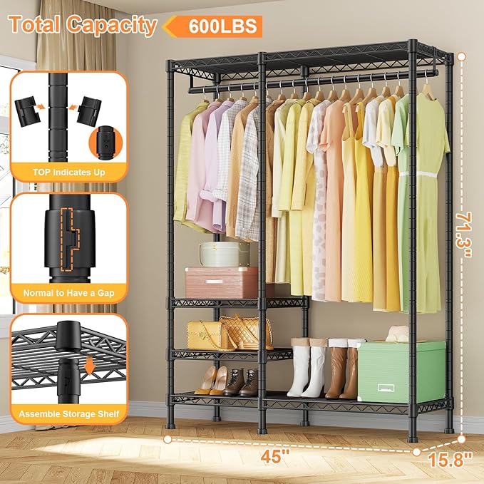 Ulif F4 Heavy Duty Clothes Rack (With Hanger Rod) Freestanding Clothing Racks for Hanging Clothes，Adjustable Closet Organizer System, Portable Garment Rack 45"W x 15.8"D x 71.3"H,Max Load 600LBS,Black