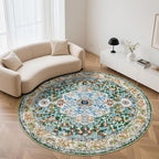 U'Artlines Boho Vintage Round Area Rug 8ft Machine Washable Low Pile Soft Floor Carpet Non Slip Non Shedding Accent Rug for Living Room Bedroom Entryway Dining Room Office Green