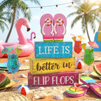 Yuntau 4 Pcs Summer Decorations for Home Flip Flops Table Decorations Wooden Sign Beach Table Centerpiece Summer Tiered Tray Decor Decorative Faux Book Stack Block for Office Coffee Mantel Shelf