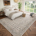 Washable 10x14 Area Rugs for Living Room, Boho Non-Slip Vintage Distress Large Rugs for Bedroom Dining Room Office, 0.3" Neutral Oriental Throw Thin Carpet, Cream/Blue/Orange/Multi