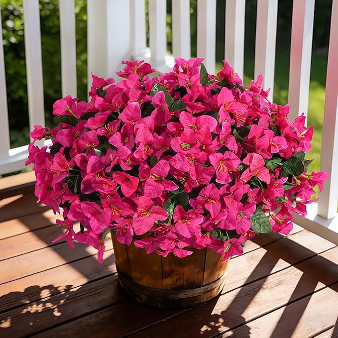 INSPRING Faux Bougainvillea Artificial Flowers for Outdoors Spring Outside Decor, 4 Bundles UV Resistant Realistic Fake Plants Silk Flowers for Porch Patio Window Outdoor Planter Garden Home, Hotpink