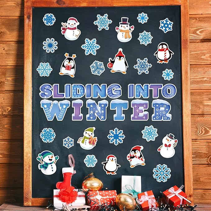 Winter Bulletin Board Decorations Winter Wonderland Paper Cutouts for Classroom Sliding into Winter Bulletin Board Set Snowflake Penguins Xmas Party Themed Cutouts for School Wall Door Decor