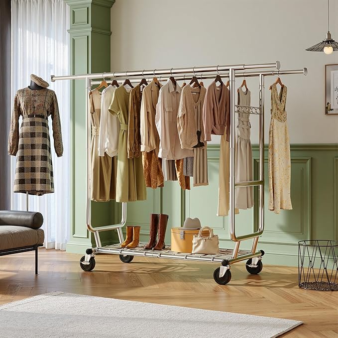 Raybee Clothes Rack Load 630LBS, Heavy Duty Clothes Rack, Rolling Clothing Racks for Hanging Clothes with Wheels, Adjustable & Commercial Garment Rack, 22" D x 75" W x 68" H