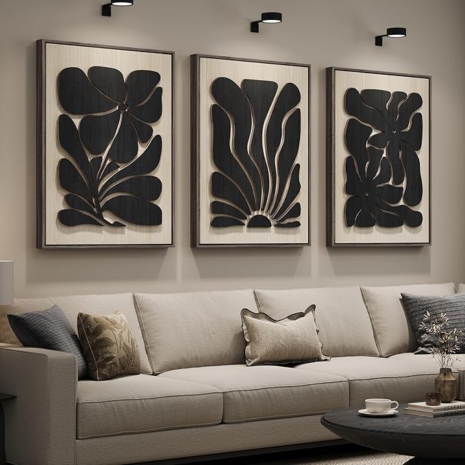 Framed Textured Wood 3D Wall Art for Living Room, Large Boho Floral Black and Beige Artwork for Walls, 3 Piece Abstract Bohemian Flower Wood 3D Art for Office Bedroom Hallway Wall decor, 24x36 Inch