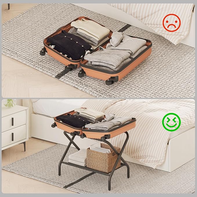 Set of 2 Luggage Rack for Guest Room, Folding Suitcase Stand with Shoe Shelf, Steel Portable Luggage Stand Bedroom, Hotel, Easy Assembly, Hold up to 110 lb, Black