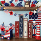 Lineshading 4 Pcs 4th of July Table Decoration Wooden Book Always Remember Our Heroes America Decor Patriotic Tiered Tray Decor Red White Blue Memorial Day Block Signs for 250th Anniversary Home Shelf