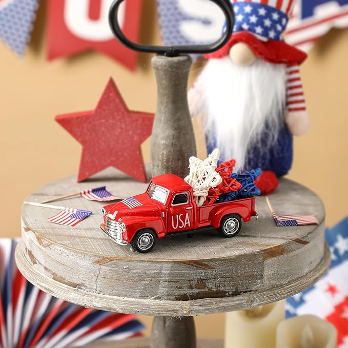 4th of July Truck Decorations - Farmhouse Metal Truck Car Decor with Stars Decorations, Patriotic Centerpieces for Tables - Lndependence Day Memorial Day Red White and Blue Tiered Tray Decor