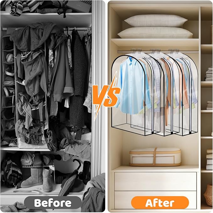 4 Pack Clear Garment Bags with Side Zipper, 60" Clothes Covers with 10" Gusset, Transparent Hanging Suit & Coat Covers for Closet Storage, Jackets, Dresses, Windbreakers