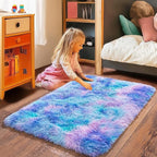 Small Rugs for Bedroom, Fluffy 2x3 Rug Throw Non Slip for Bedside Dorm Kids Room, Plush Comfy Shag Carpet for Home Decor Aesthetic, Rainbow Purple