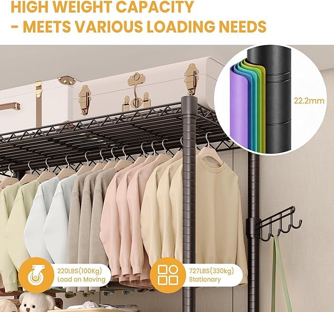 Heavy Duty Rolling Clothes Rack,Load 730LBS Clothing Racks for Hanging Clothes,Free Standing Closet Organizers and Storage Garment Racks with Wheels,2 Rods,Side Hooks,80"H x 45"W x 16"D