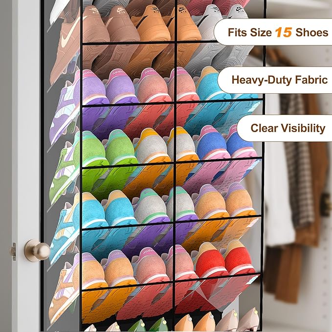 20-30 Pairs Over the Door Shoe Organizer, Transparent PVC Hanging Shoe Rack for Closet, 10-Tier Door Shoes Storage, Crystal-Clear Visibility Fit All the Family's Sneakers, Boots, Heels, Black Frame