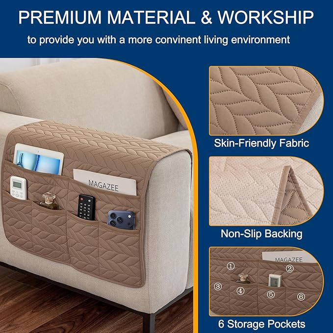 Remote Control Holder for Armchair, Couch Caddy Organizer TV Remote Holder for Recliner Couch With 6 Pockets, Non-Slip Arm Chair Caddy Bedside Table Organizer for Magazine, Tablet, Phone (Beige)