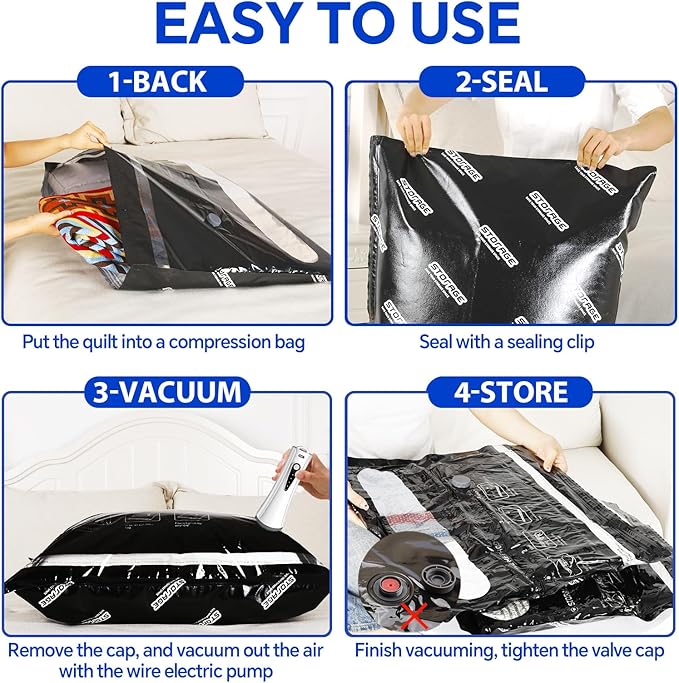 Travel Vacuum Storage Bags with Electric Pump, 15 Pack Vacuum Seal Bags for Clothing, Bedding, Pillow, Comforters, Blankets, Compression Bags Includes Portable Fast Pump for Home Organization Storage