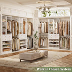 Closet System, 4.2–8.8 FT Closet Organizer with 2 Wooden Drawers and Shelves, Walk-in Closet System with Hanging Rods, Built-in Closet Tower, Can Fit 60 to 96 inch, White