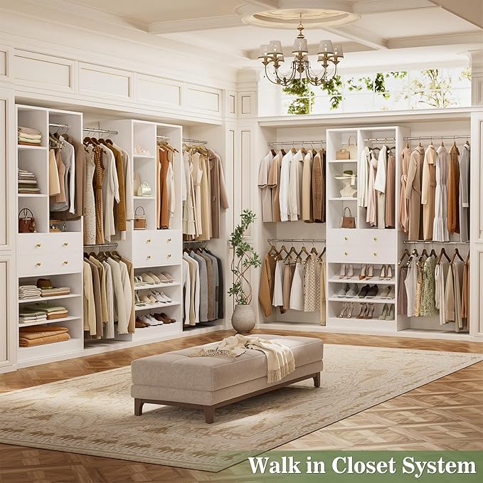 Closet System, 4.2–8.8 FT Closet Organizer with 2 Wooden Drawers and Shelves, Walk-in Closet System with Hanging Rods, Built-in Closet Tower, Can Fit 60 to 96 inch, White