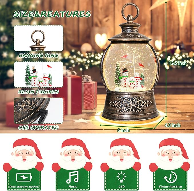 Christmas Cardinal Snow Globe 12.5In High, Snowman Musical Snow Globe Lantern Lights with 6 Hour Timer and Batteries Powered, Retro Style Holiday Glitter Globe for Xmas Home Decoration and Santa Gifts