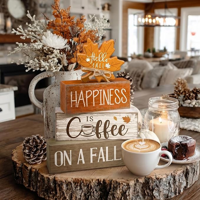 Lineshading 4 Pcs Fall Decoration for Home Wooden Maple Leaf Thanksgiving Table Centerpiece Thanksgiving Tiered Tray Decor Rustic Decorative Maple Leaf Block Signs Farmhouse Autumn Decor for Kitchen